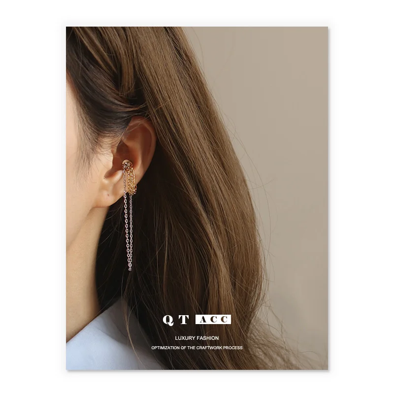 

Высококачественные латунные гальванизированные настоящие золотые/Платиновые модные новые серьги-цепочки в стиле кисточки без ушей и клипса для ушей