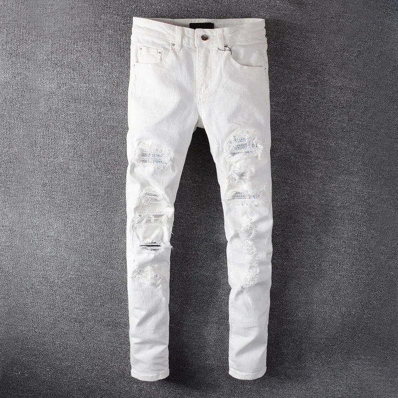 High Street Fashion Men Jeans White Elastic Stretch Skinny Ripped Jeans Men Beading Patched Designer Hip Hop Brand Pants Hombre