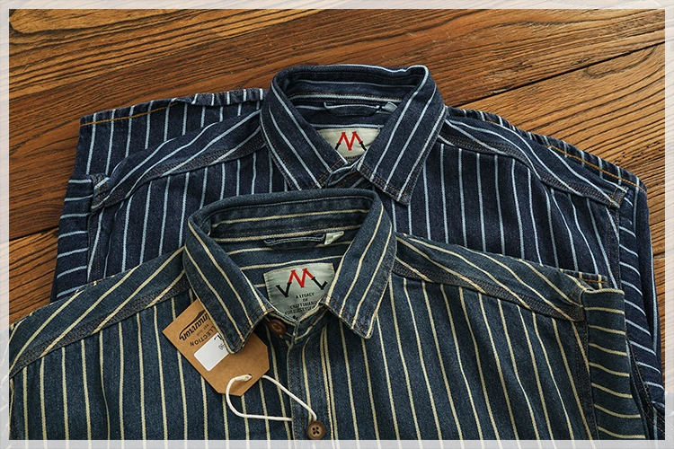 Heavy vertical stripe cargo denim shirt Men do old washed cotton elbow stick cloth lapel long sleeve shirt jacket