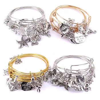 5pcs Bangle Set Wire Bracelets for Women Girls Jewllery Mixed Marine Life Starfish Dolphin Turtle Charm Bracelets C039 1