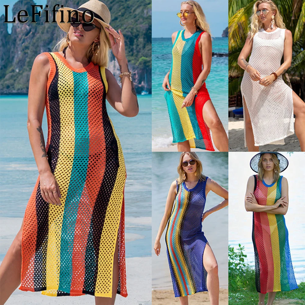 

Summer Knitted Tank Top Hollowed Out Sling Dress Sexy Seaside Vacation Long Skirt Hot Spring Coat Sunscreen Robe Bikini Cover Up