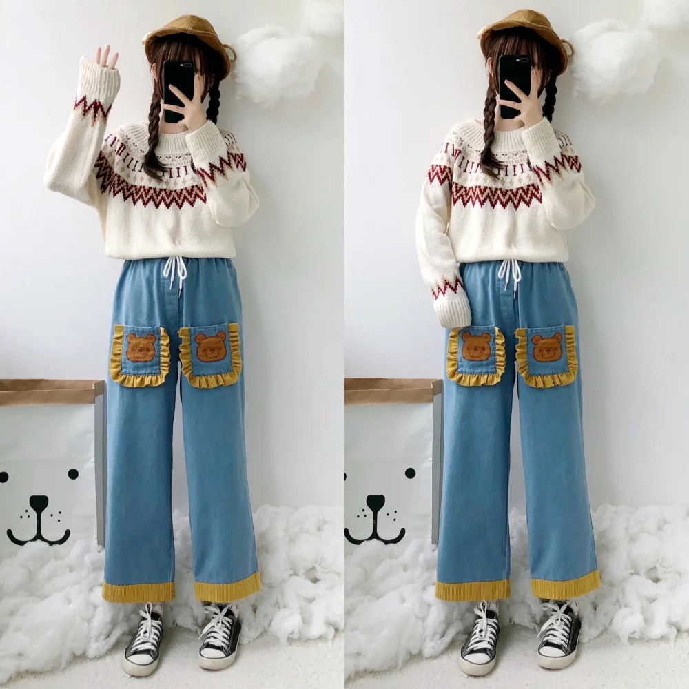 ksubi jeans Japanese Pockets Cute Jeans Teen Girls Elastic Waist Cartoon Bear Denim Trousers Spring Casual Loose Straight Wide Leg Pants buckle jeans