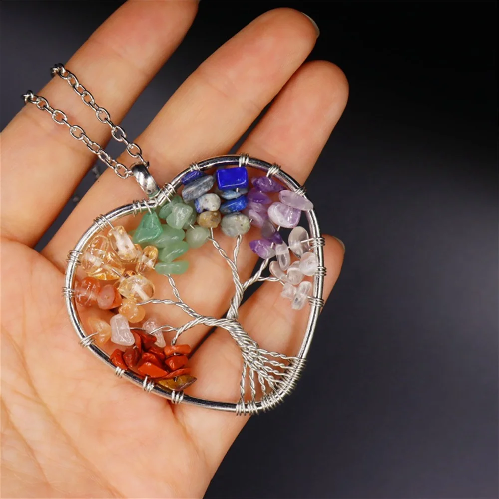 7 Chakra Quartz Natural Stone Tree of Life Pendulum Pendant for Women Handmade Healing Crystal Jade Heart Necklace Reiki Jewelry, pendant necklace, jade jewelry