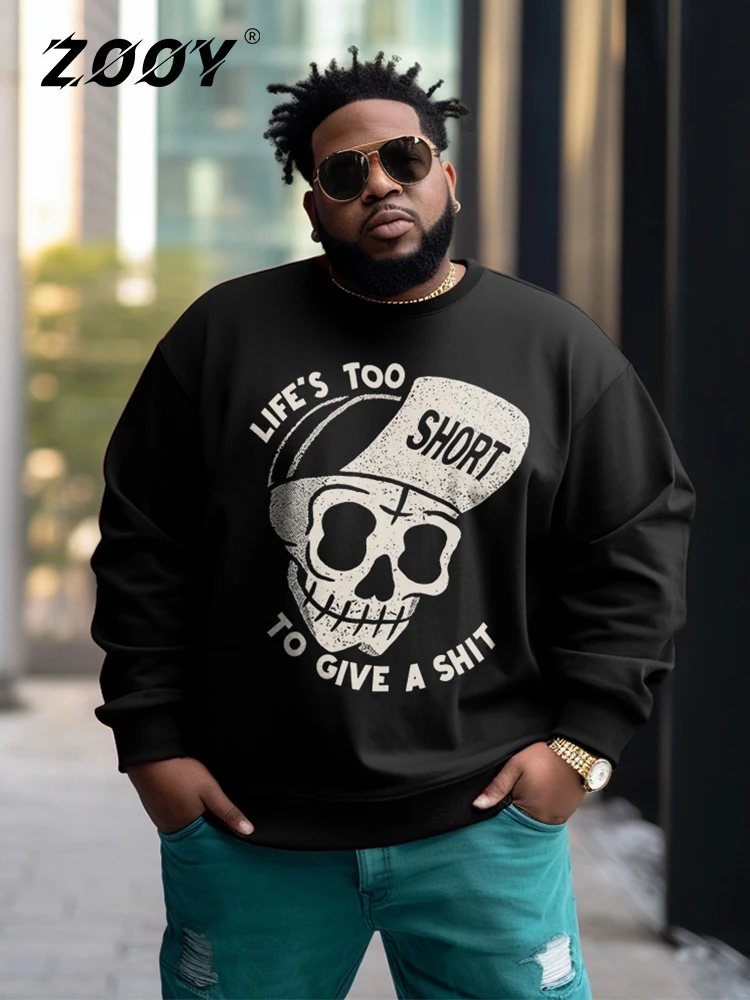 

ZOOY (L-9XL) Plus Size Men's Retro Cartoon Motorcycle Skull Belly Black Street Print Round Neck Long Sleeve Sweatshirt