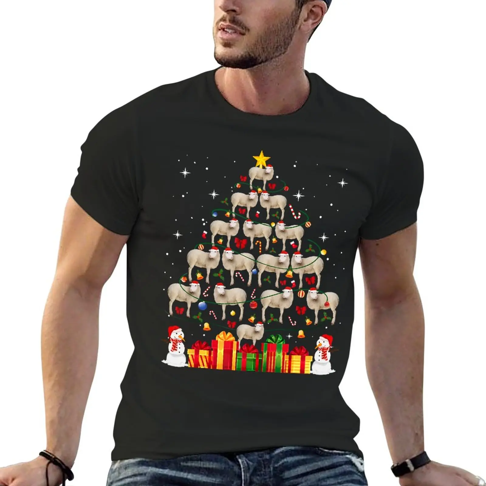 

Sheep Christmas Tree Cute Xmas Gift Lover Lights Animals T-Shirt vintage clothes plus size t shirts tshirts for men