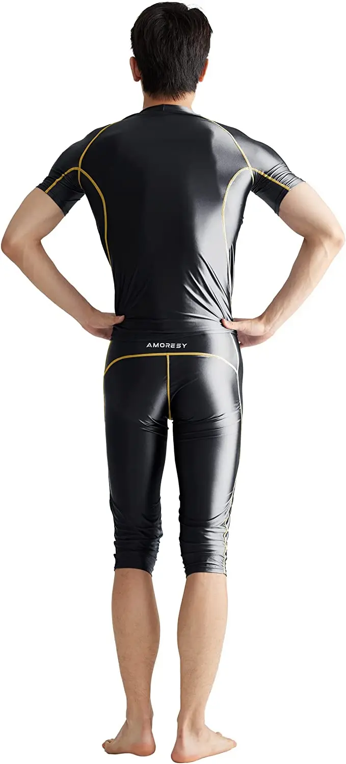 AMORESY Uranus series men's short-sleeved T-shirt stretch luster comfortable fitness shirt quick dry running compression clothes male swim rash guard football shirt men fitness pants