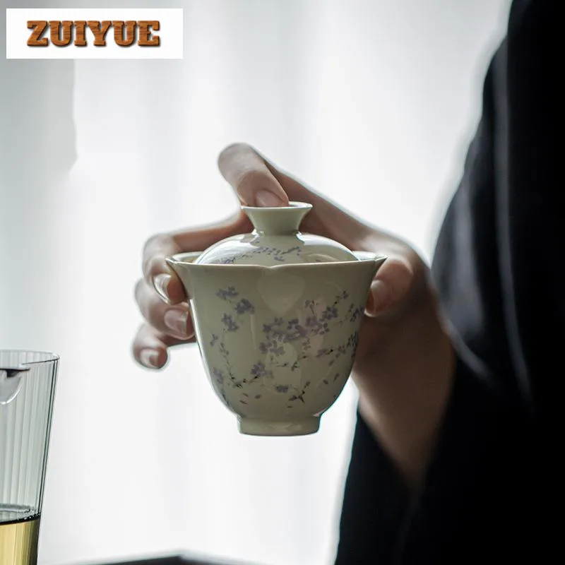 Plant Ash Blue Yingluo Cover Bowl Household Ceramic Tea Cup Anti Scald Gaiwan Luxury Tea Tureen Making Drinkware Gifts 120ml