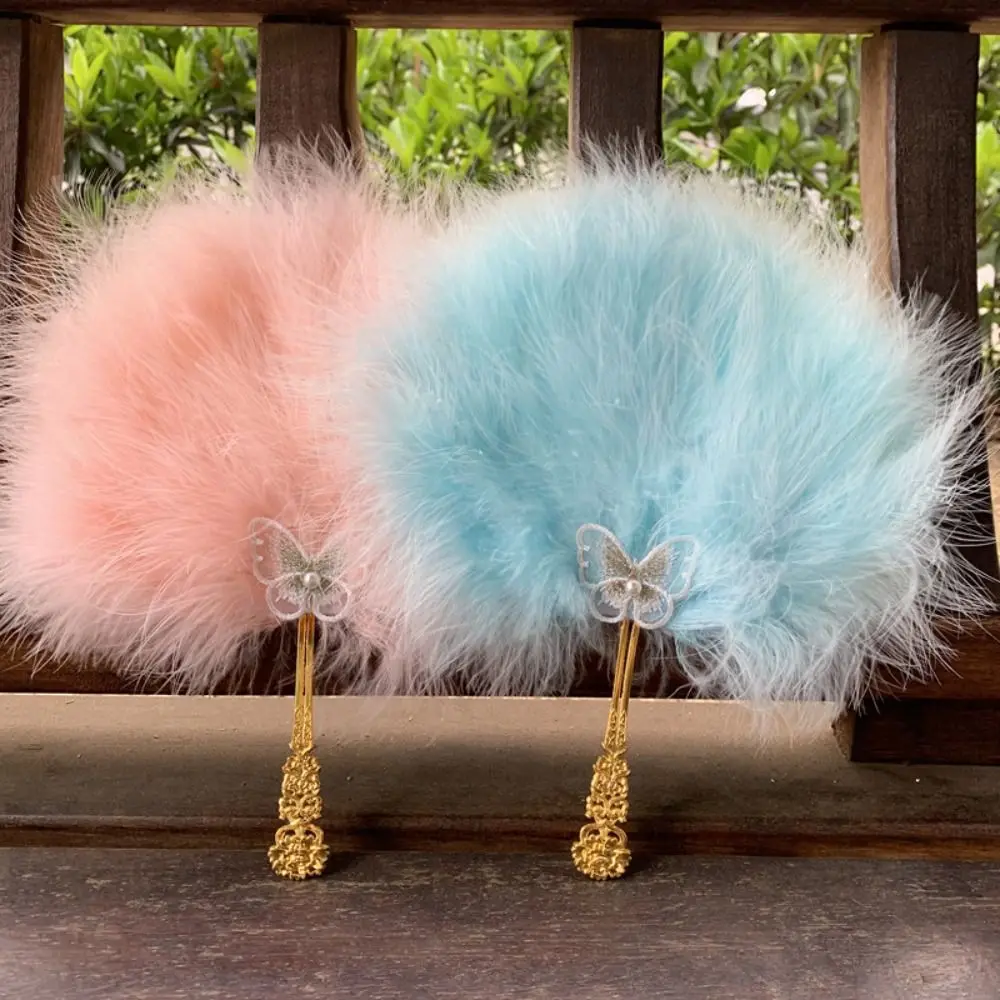 Folding Fan Vintage with Tassels Fairy Feather Colorful Fluffy Dance Hand Photo Prop
