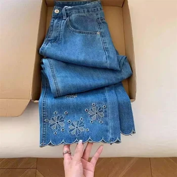 2025 Fashion Summer thin flowers hollow Tencel straight Denim Pants women's Loose High Waist Casual wide-leg Jeans Ladies Trous 1