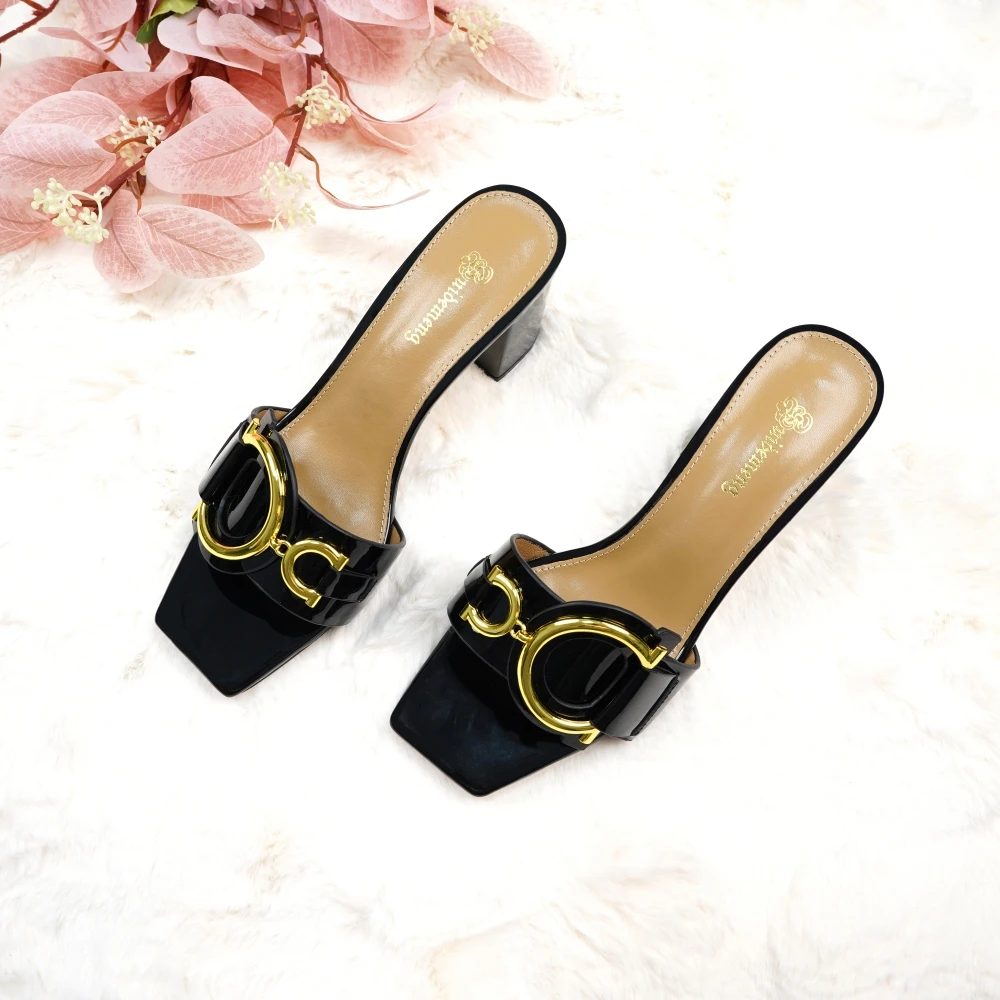 Fashion ladies high heels luxury leather slippers square toe women's shoes suitable for party and banquet slippers size 44