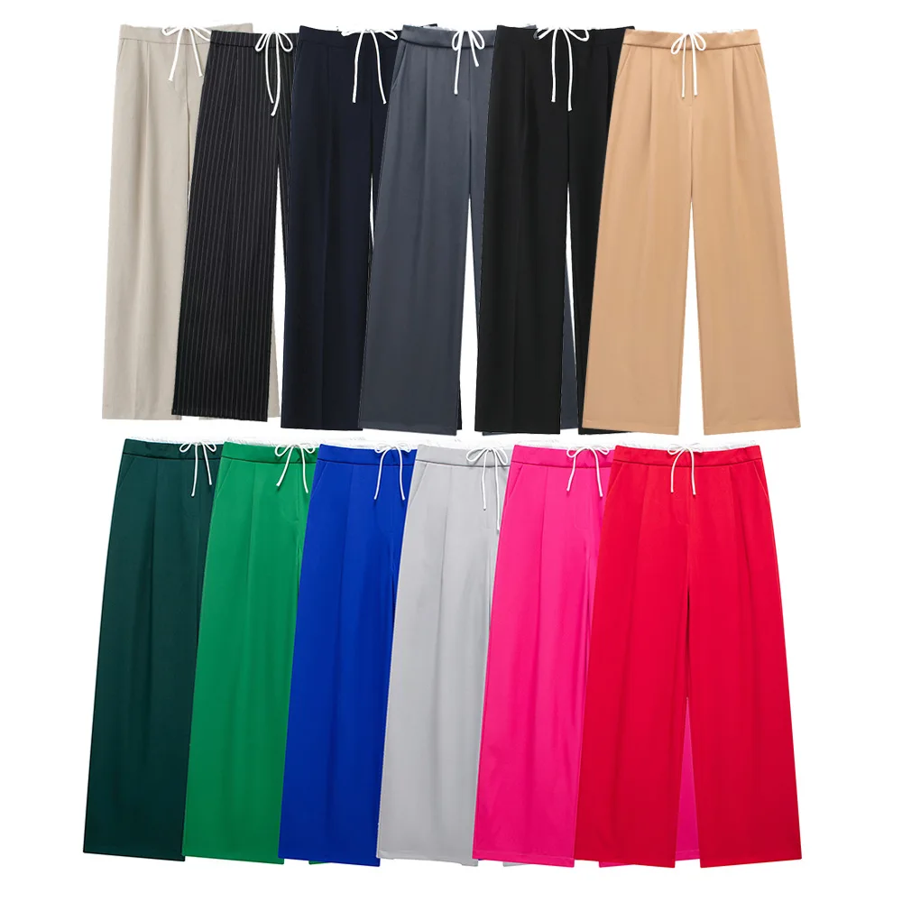 Splicing Design Solid Color Pants Women Fashion Simple Elastic Waist Lace Up Trousers Lady All-match Commuting Straight Pant New 6