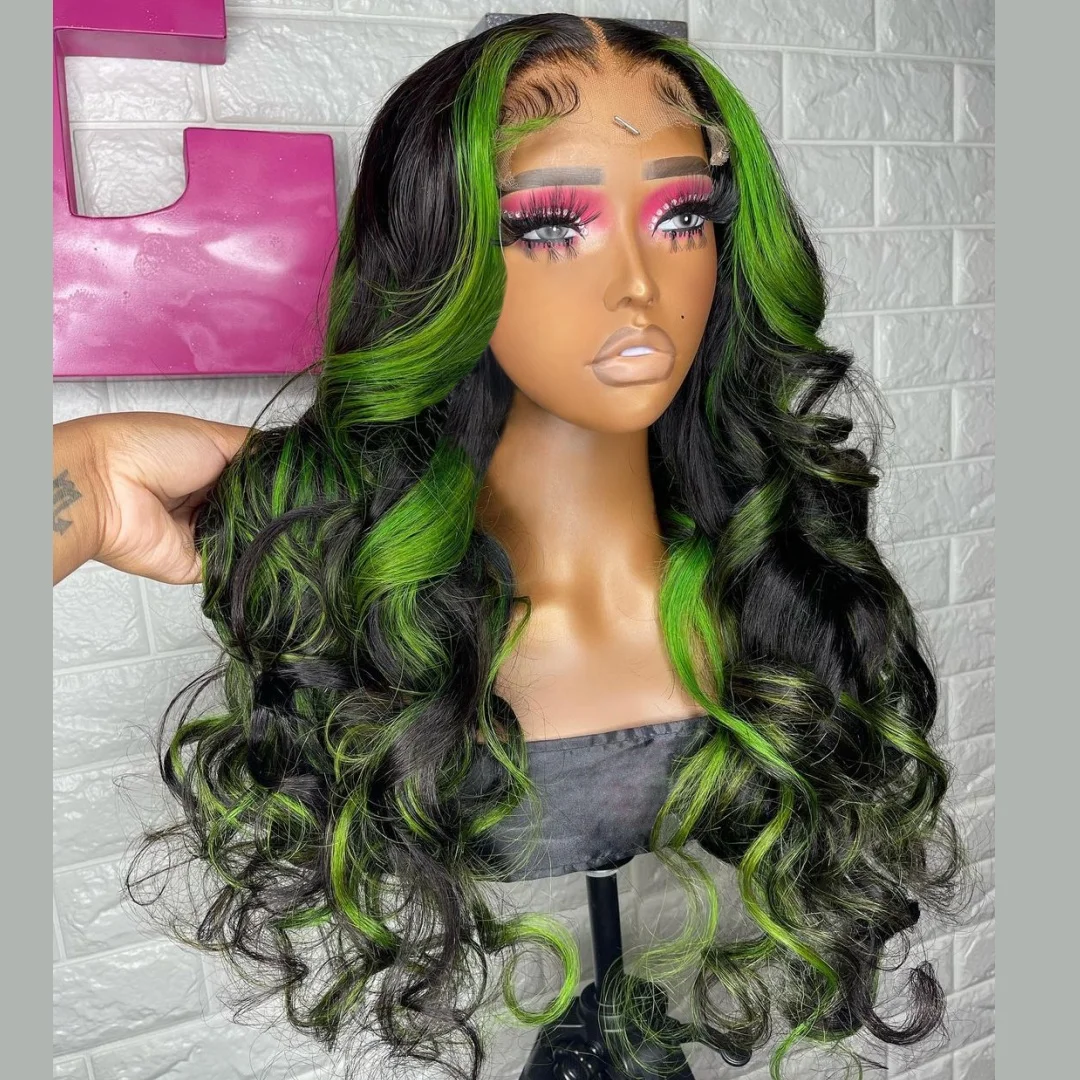 Synthetic Lace Front Wig Women Body Wave Lace Wigs Green Black Ombre Pre Plucked Green Highlight