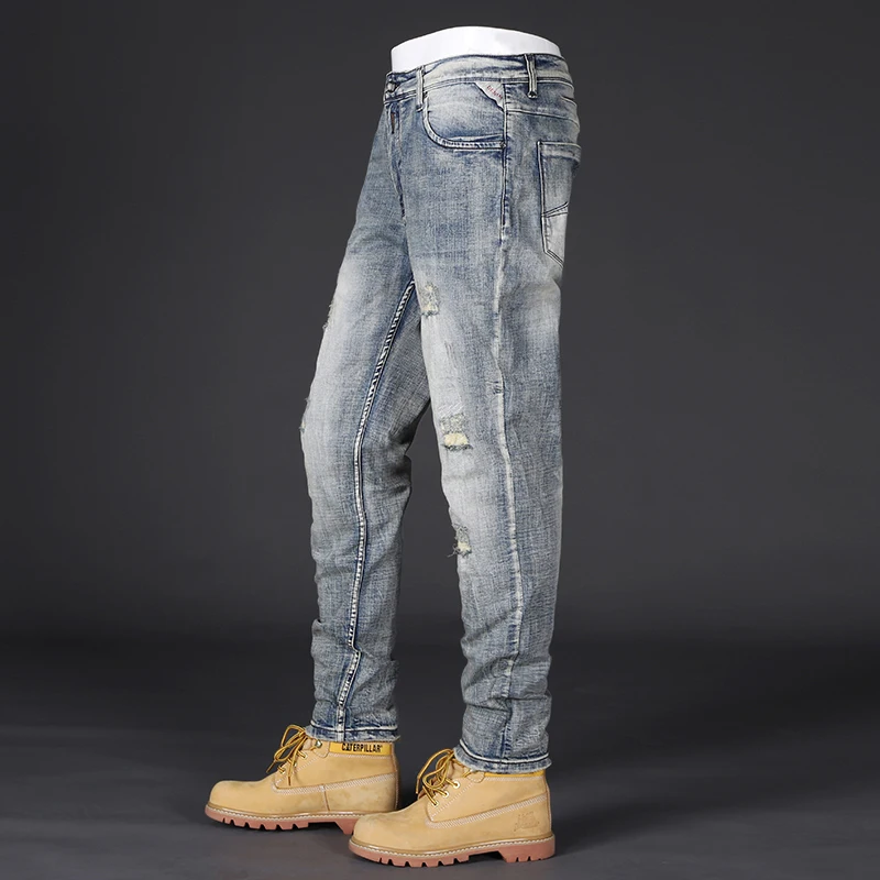 Fashion Designer Men Jeans High Quality Retro Washed Blue Stretch Slim Fit Ripped Jens Men Vintage Casual Denim Pants Hombre