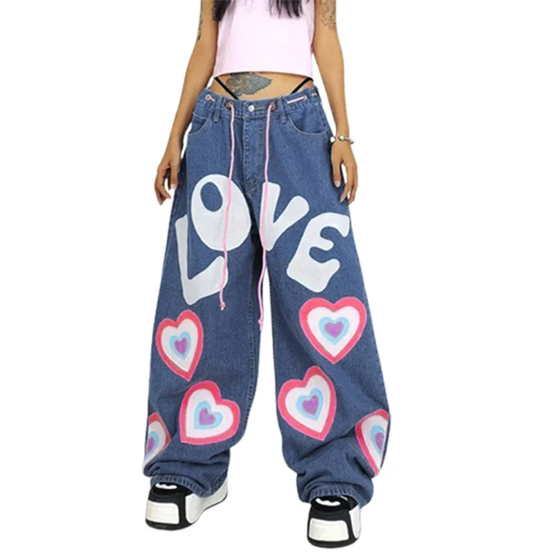 Sweet Love Graffiti Print Women Loose Wide Leg Jeans Girls Everyday Casual Flared Denim Trousers New High Waist Drawstring Pants men s and women s jeans high street national tide hip hop music smiley hole hand painted graffiti print denim trousers