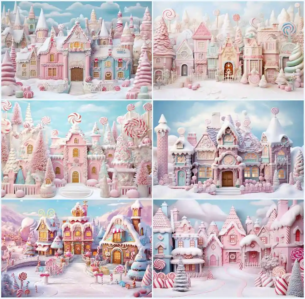 

Mehofond Photography Background Winter Christmas Candy House Outdoor Fantasy Pink Castle Kids Cake Smash Portrait Photo Backdrop