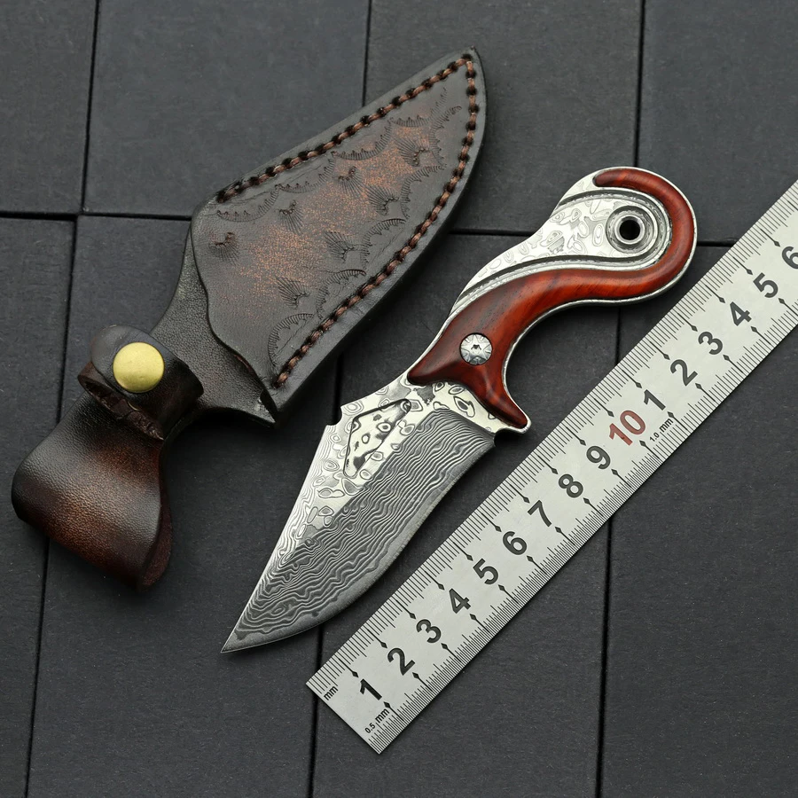 BEKETEN Fine Loach Fixed Knife Damascus Blade Redwood Handle Outdoor
