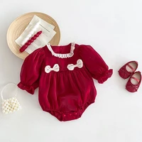 Christmas Gift 0-2Y Baby Girls Festive Romper Bow Ruffled Sleeve Autumn Birthday Party Clothes Red Princess Party Baby Romper