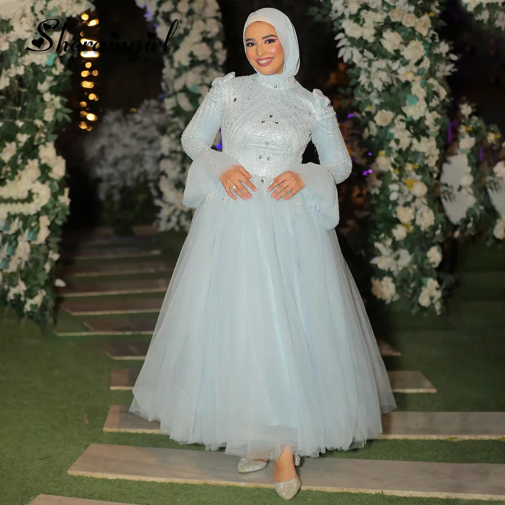 

SHERAIN Glitter Sequins Evening Dresses for Women Muslim Flare Sleeves Crystals Beads Draped Vestidos Para Mujer Drop Shipping