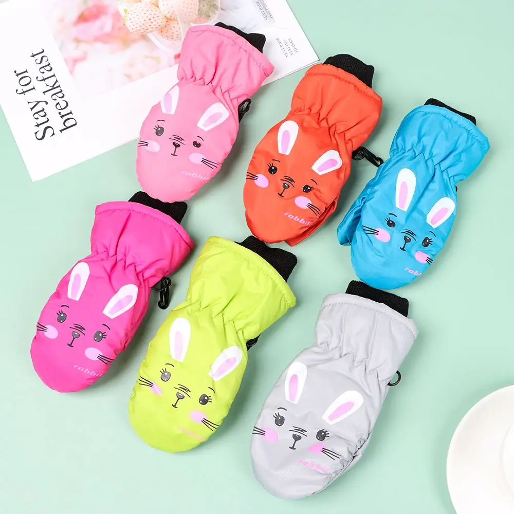 Kids Winter Ski Gloves Cartoon Rabbit Warm Mittens Non-slip Waterproof Windproof Outdoor Sports Cycling Gloves For Boys Girls 2