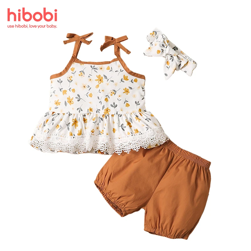 warm Baby Clothing Set hibobi Baby Girl Floral Suspenders Top And Soild Shorts with Headband Baby Clothing Set expensive