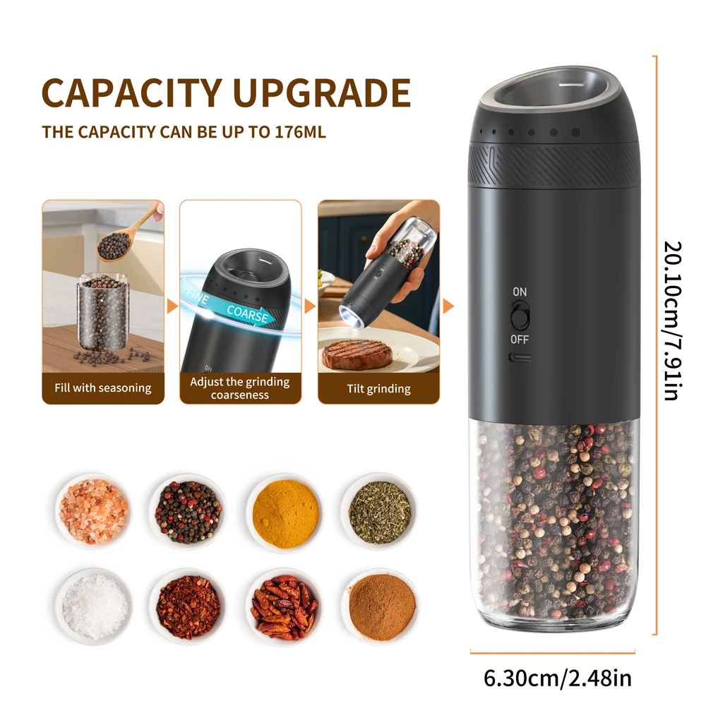 1/2PCS Electric Salt And Pepper Grinder with LED Light Gravity Sensing Adjustable Spice Mills Cordless Automatic Kitchen Gadget 6
