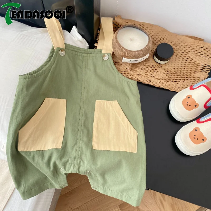 Newborn Infant 0-3Y Toddler Kids Baby Boys Girls Suspender Trousers Patchwork Color Blocking Cotton Pockets Overalls Rompers