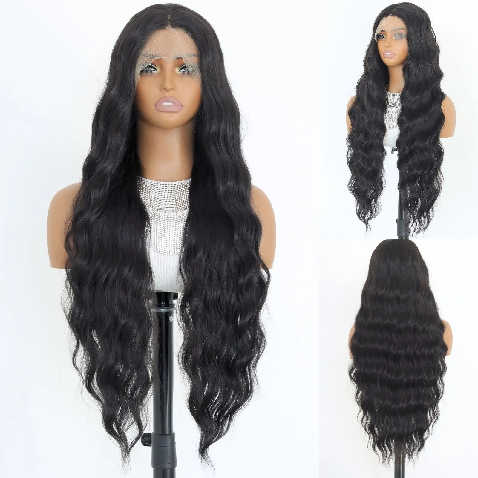 Black Long Wavy13×4 Lace Front Wig For Women Heat Resistant Fiber Synthetic Lace Front Wigs Daily Party Use Wigs 32Inch
