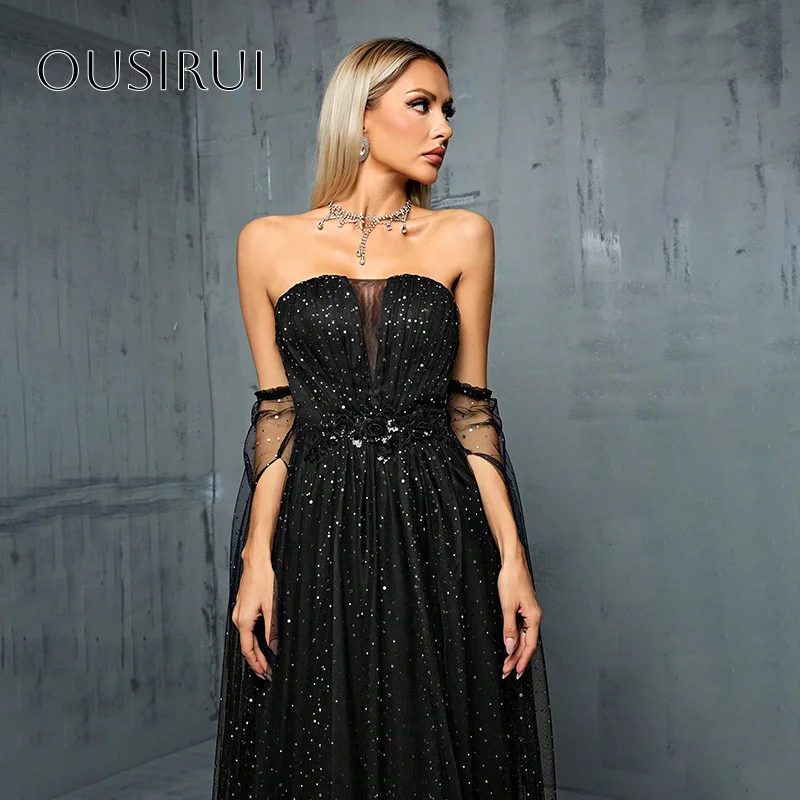Sweetheart Split Prom Dresses A-line Sleeveless Sequined Tulle Floor ...