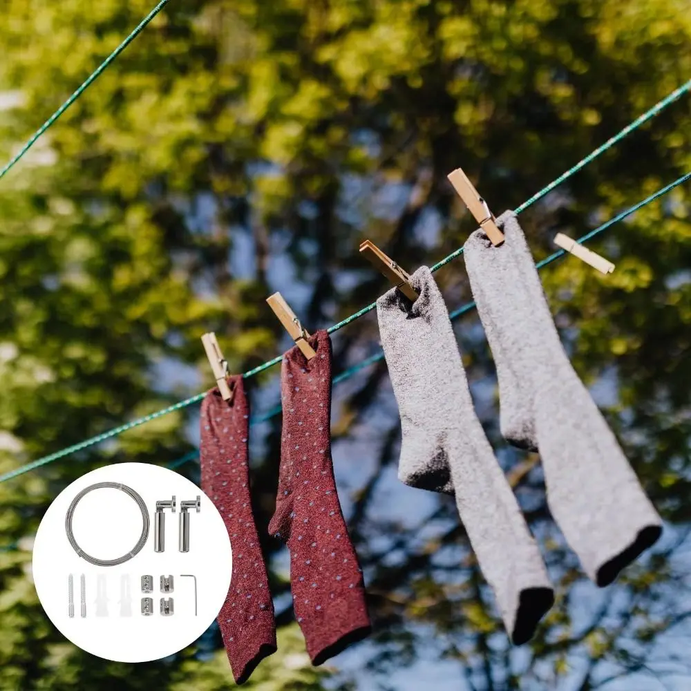 304 Stainless Steel Clothes Drying Rope Balcony Mount Curtain Wire Set Retractable Clothesline Non-Perforating Design