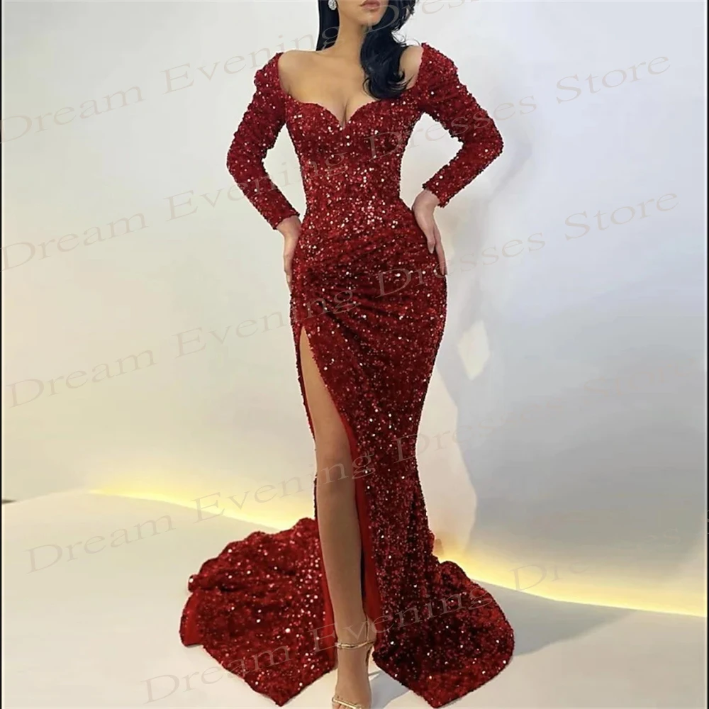 

Shiny Sexy Mermaid Charming Evening Dresses Sweetheart Long Sleeve Prom Gowns With Sequins Side Split Abito Da Festa Di Nozze