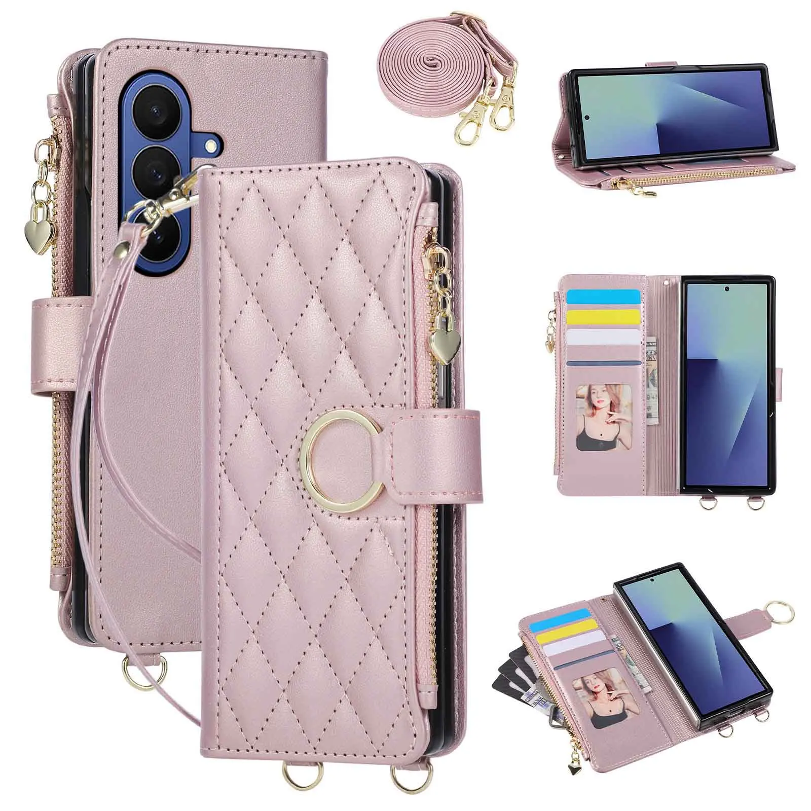 Quilted Zipper Card Holder Wallet Crossbody Phone Case