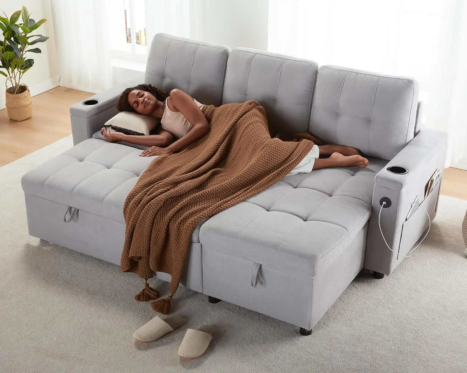 Description Picture 6 of itemFolding Beds Sleeper Sofa Pull Out Couch Bed with USB Charging Port & Cup Holders L-Shaped Sectional Couch with Storage Chaise