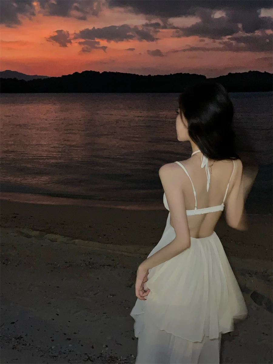 Summer New Fashion Sexy Pleated Holiday Beach Long Dresses for Women Vacation Spaghetti Strap A line Ladies Robe 2025 Sundress