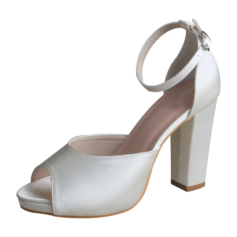 

Custom Chunky Heel Satin Wedding Sandals Women Ivory with Platform Bride Shoes