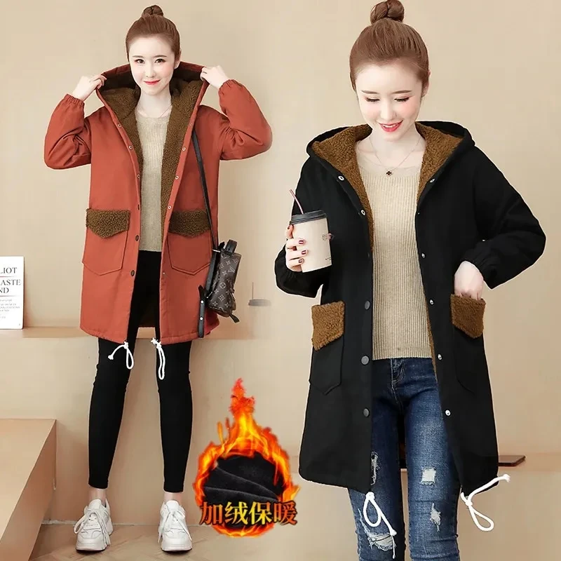 

5XL Women Trench Coat Nice Autumn Winter New Female Add Velvet Thickening Hooded Windbreaker Embroidery Overcoat C