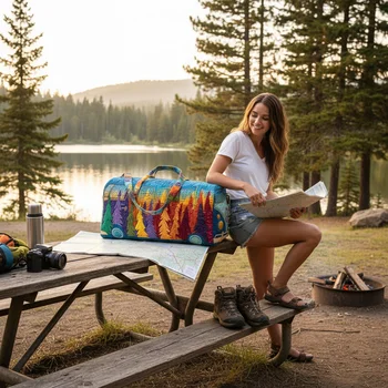 Borsa da Viaggio Trapuntata in Cotone Stile Hippie Boho con Stampa Funghi e Rane, Borsone Weekender per Pernottamento