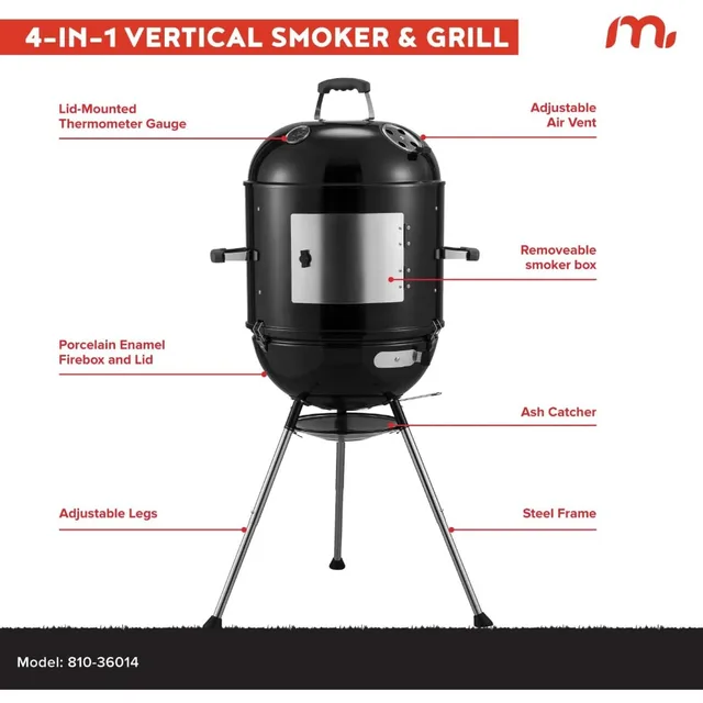 18-Inch 4-in-1 Portable Charcoal BBQ Smoker Grill with Adjustable Air Vent, 600 SQ. In Cooking Area & Temperature Gauge 3 18-Inch 4-in-1 Portable Charcoal BBQ Smoker Grill with Adjustable Air Vent, 600 SQ. In Cooking Area & Temperature Gauge 3