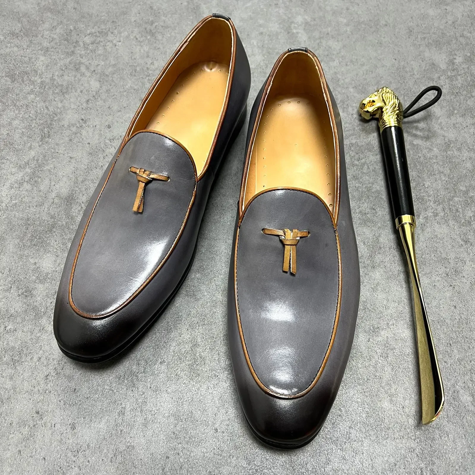 ITALIAN MEN LOAFERS SHOES GRAY HANDMADE SLIP ON TASSEL LOAFERS WEDDING OFFICE SHOES REAL LEATHER CASUAL DRESS MEN SHOES 2