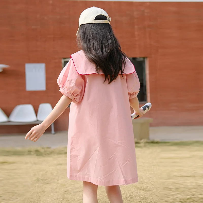 n New Girls Clothes Student Short Sleeve Long Dress Cute Summer Korean  Style Little Girl Cotton Dress