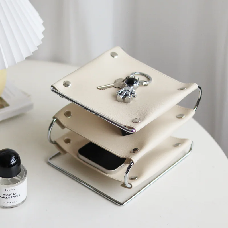 

Multifunctional Leather Tray Sundries Cosmetics Jewelry Storage Iron Desktop Storage Box Finishing Living Room Home Decoration