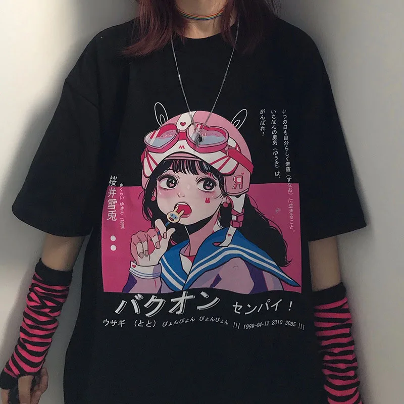 

T-shirts Women Cartoon Print Leisure Loose Streetwear Tee Gothic Female Harajuku Summer Clothing E-Girl Kawaii y2k aesthetic top