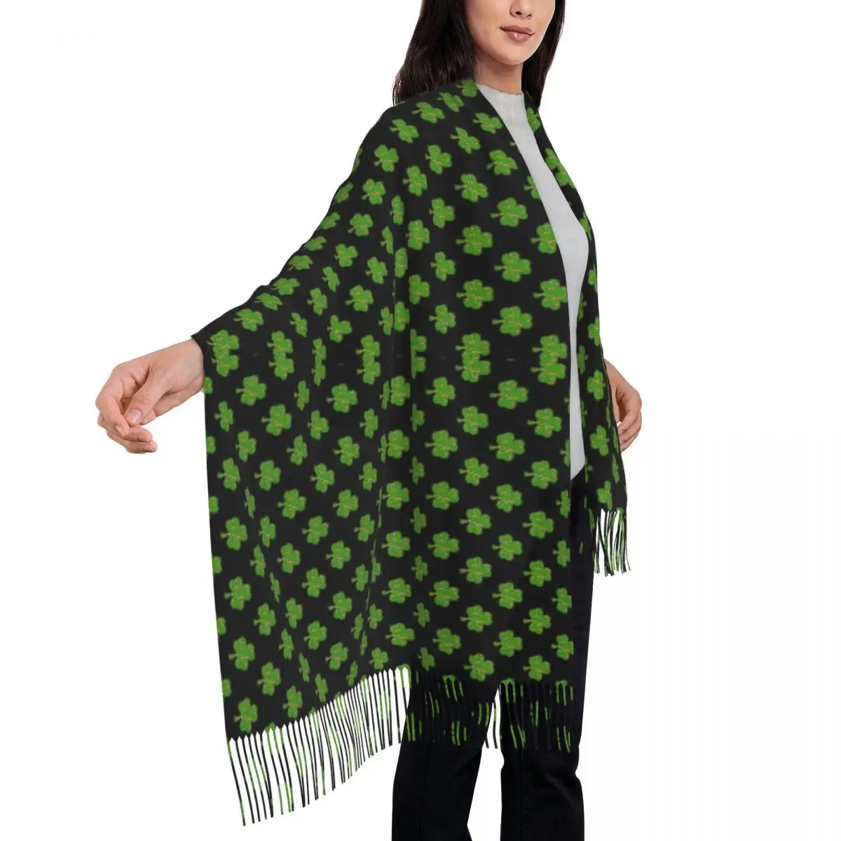 

Men Women Scarf Warm Soft Irish Shamrock Scarves Wraps with Tassel Green Leaf Print Vintage Shawl Wraps Winter Graphic Foulard