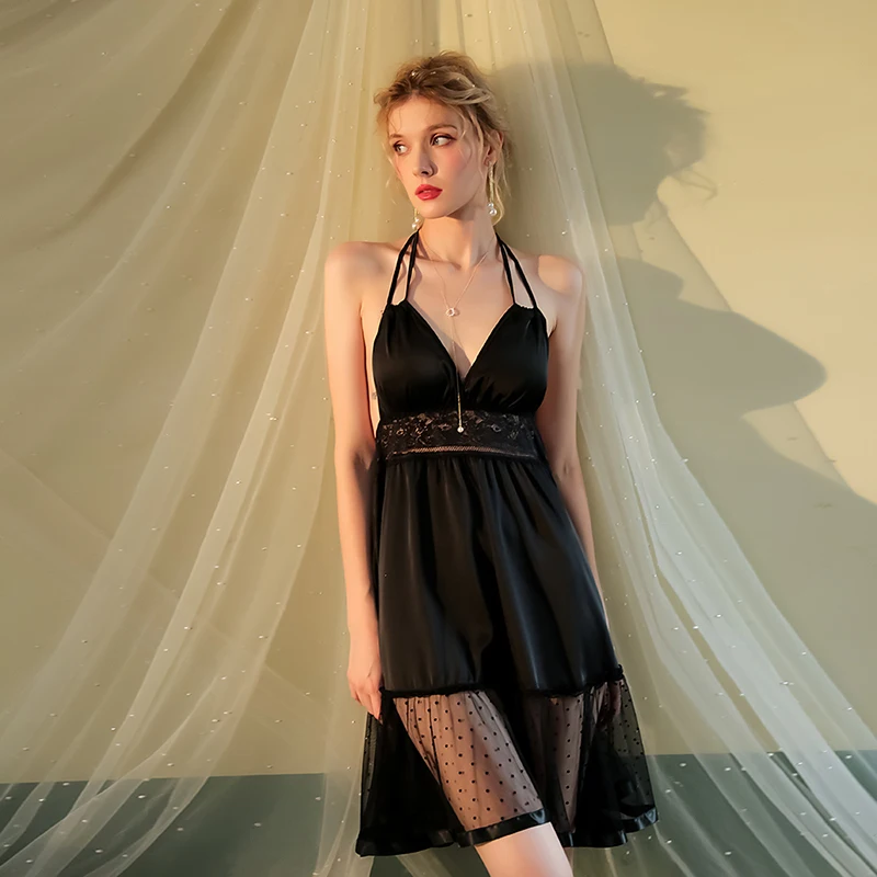 Sexy Pajamas Lace Suspender Nightdress Ice Silk Women's Chest Pad Nightgown Slim Backless Home Clothes Deep V Lace Lingerie