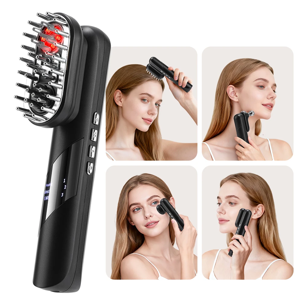 4-in-1 Multifunctional Beauty Device Vibration Red Light Hair Scalp Massage Comb Face Eyes Skin Lifting Heat EMS Roller Massager