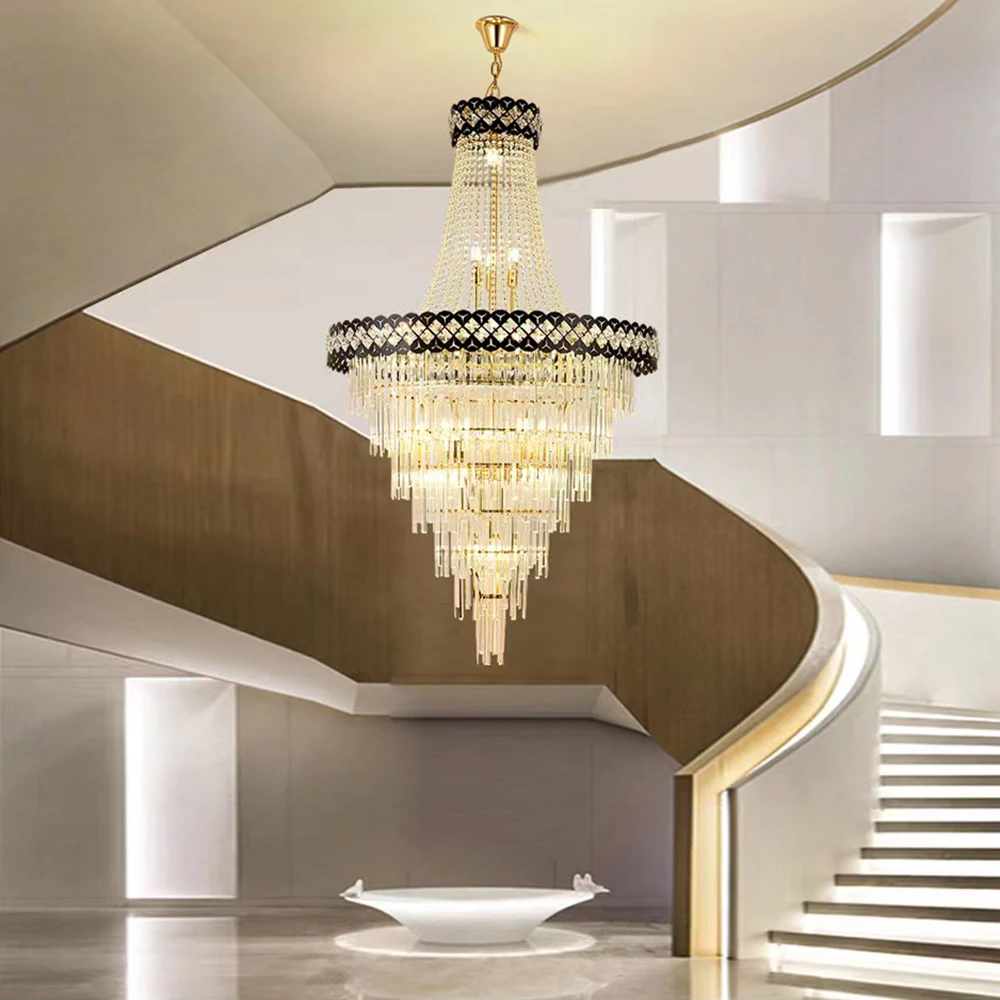 

Chandelier Modern LED Luxury Crystal Large Hanging Lamp Holder Suspension Spiral Stair Hotel Long Staircase Lighting Fixture