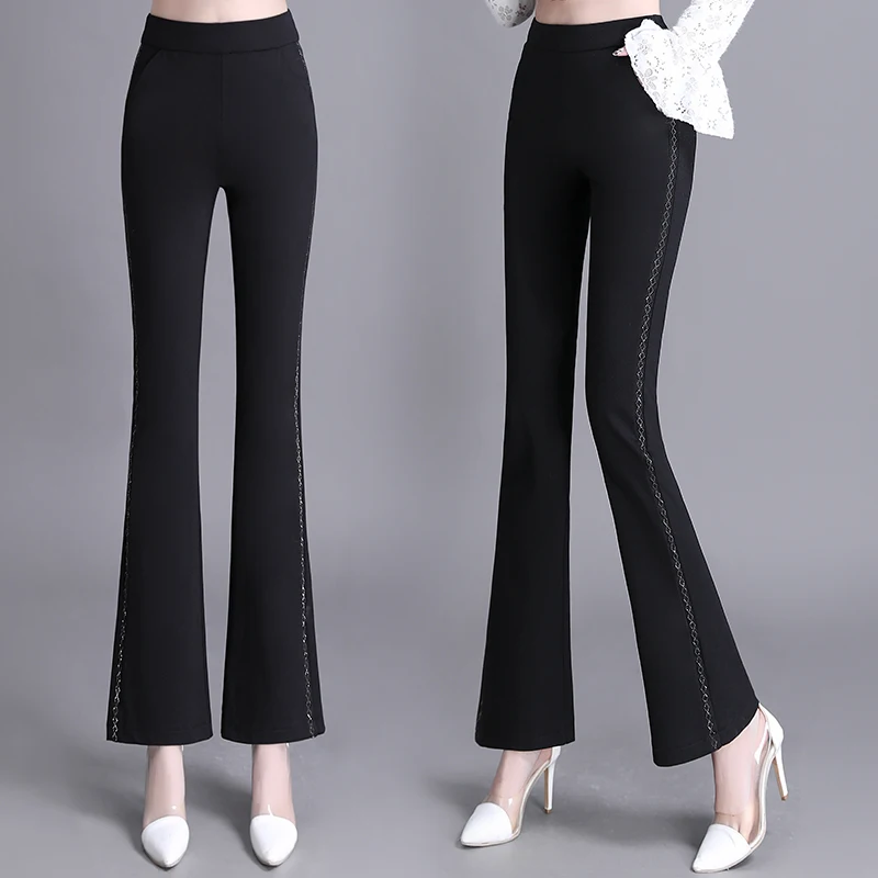 

High Waist Flare Pants Women Vintage Elastic Waist Pant Korean Fashion Lace Straight Pants Spring Summer Sweatpant Plus Size