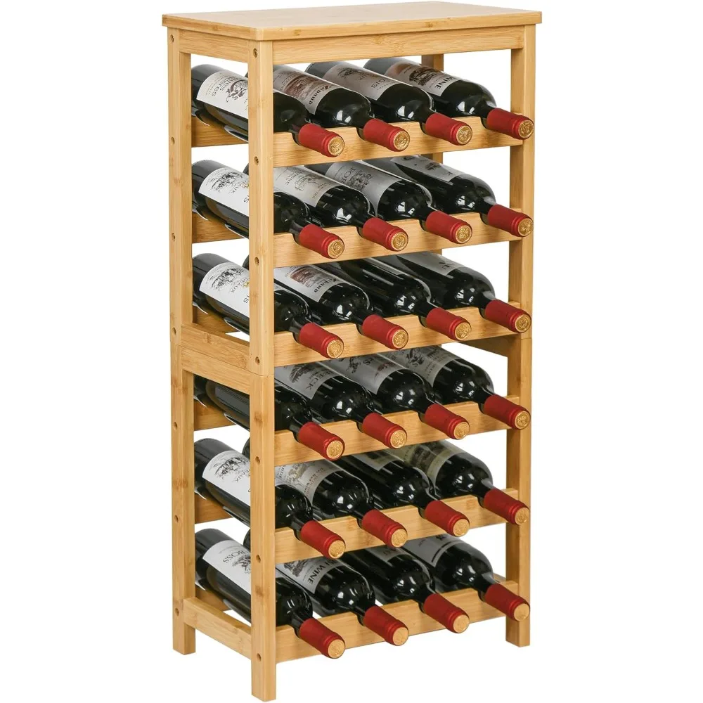 

Wine Rack Free Standing Floor, 6-Tier Display Wine Storage Shelves with Table Top, 24-Bottle Bamboo Wine Rack Shelf for Kitchen
