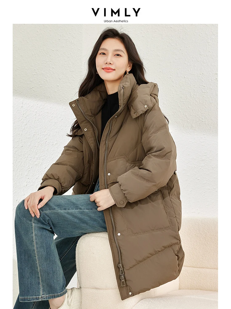 

Vimly Lightweight Long Down Coat Women 2023 Winter Warm Hooded Stand Collar Zipper Straight Puffer Jacket Female Outerwear 50673