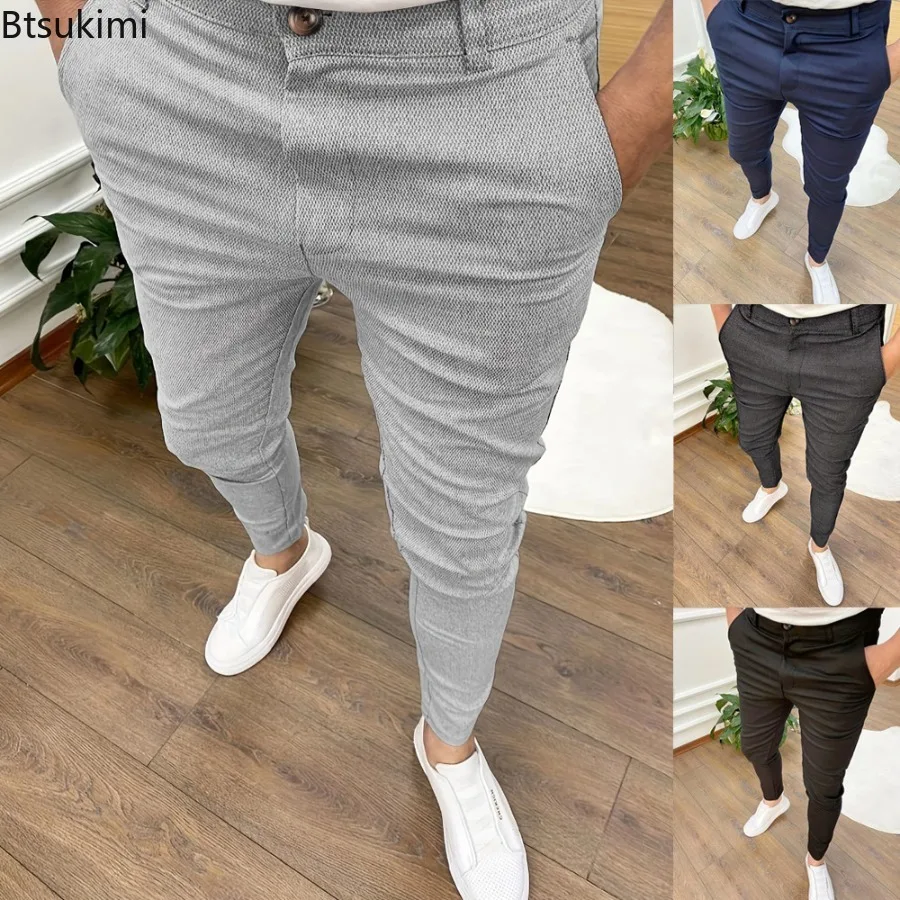 

2024 New High Elastic Textured Tapered Slim Trousers Men's Solid Casual Pencil Pants Trendy Sweatpants Streetwear Pants for Male