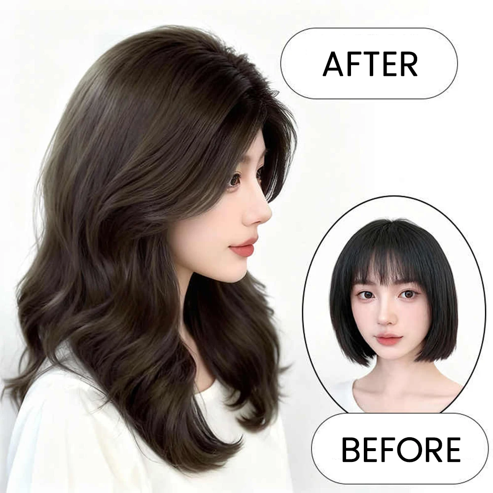 Black Synthetic Wig for Women with Wavy Hair and French Bangs